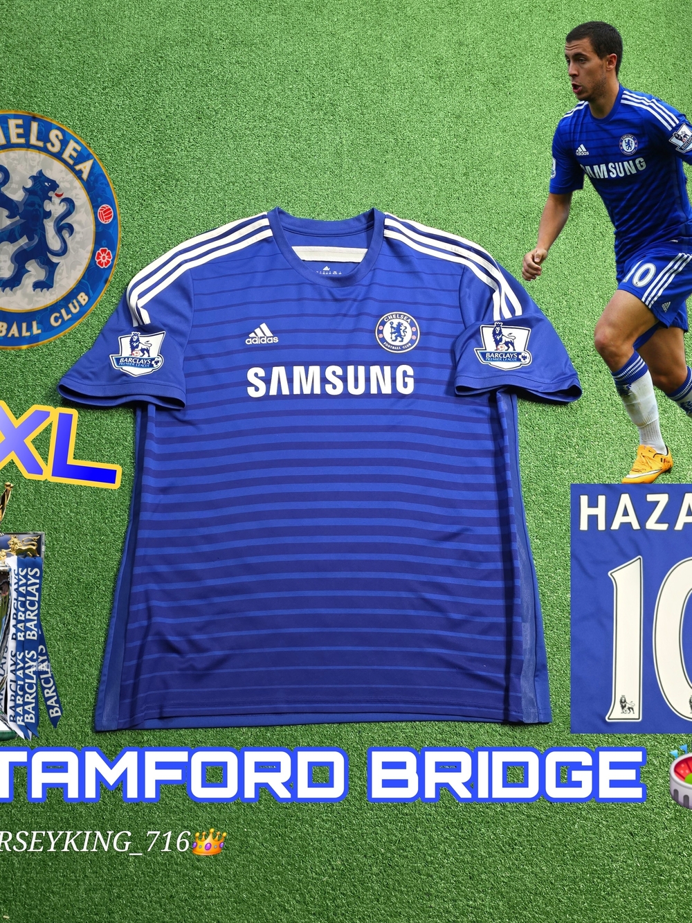 Adidas Chelsea FC Eden Hazard #10 2014/2015 Home Blue Jersey EPL Patches Rare